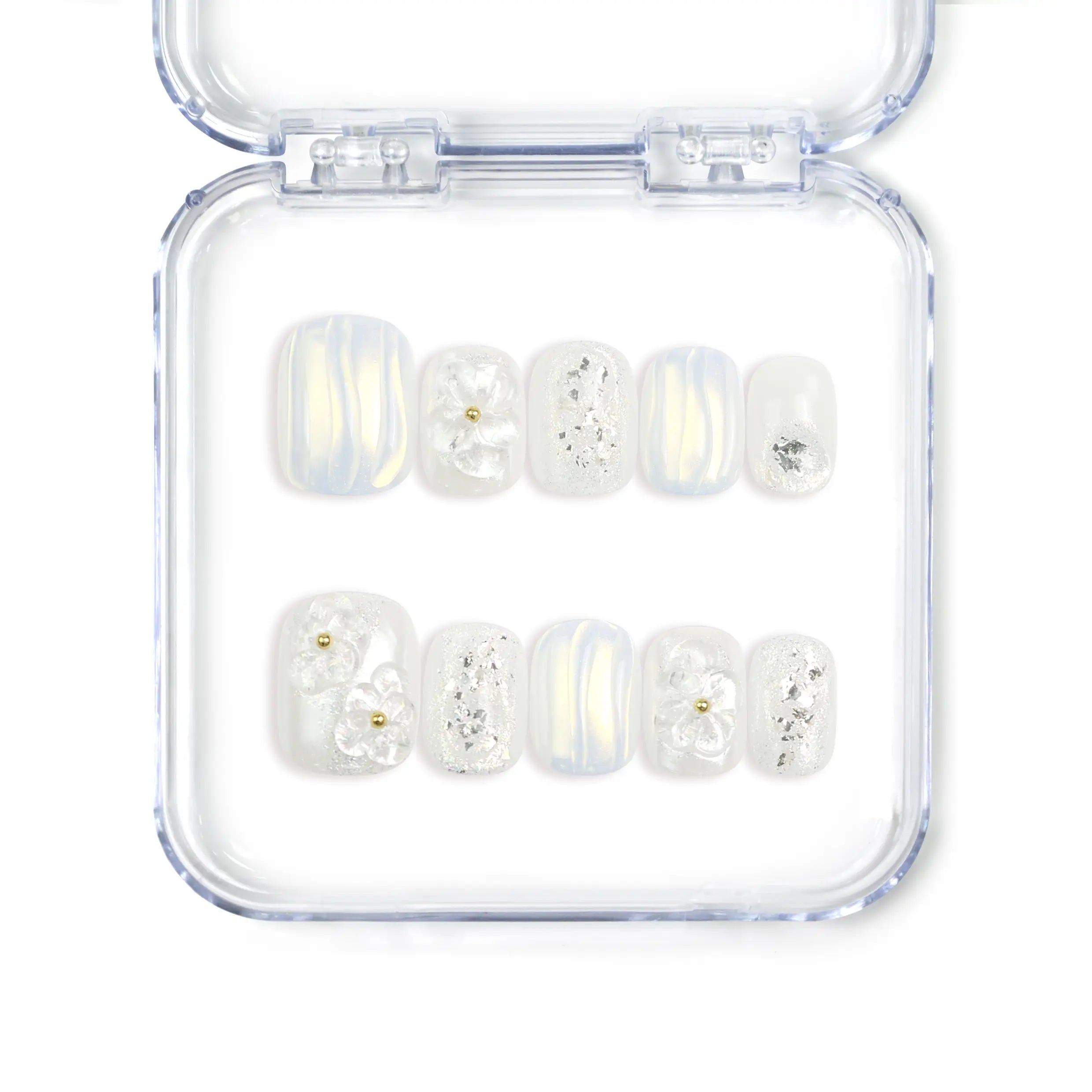 Full set of Naillover Pearl Haze Singapore press on nails featuring 3D white flowers, pearl embellishments, and a translucent handmade finish.
