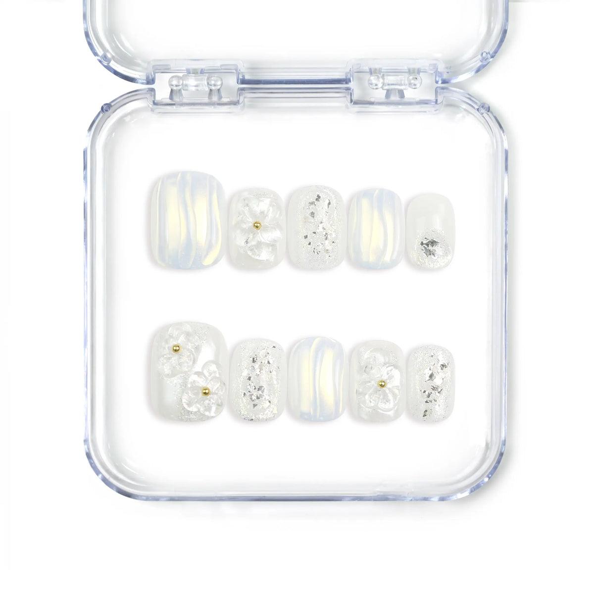 Full set of Naillover Pearl Haze Singapore press on nails featuring 3D white flowers, pearl embellishments, and a translucent handmade finish.