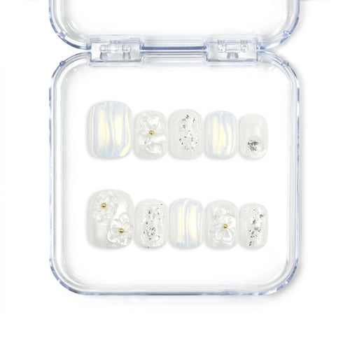Full set of Naillover Pearl Haze Singapore press on nails featuring 3D white flowers, pearl embellishments, and a translucent handmade finish.