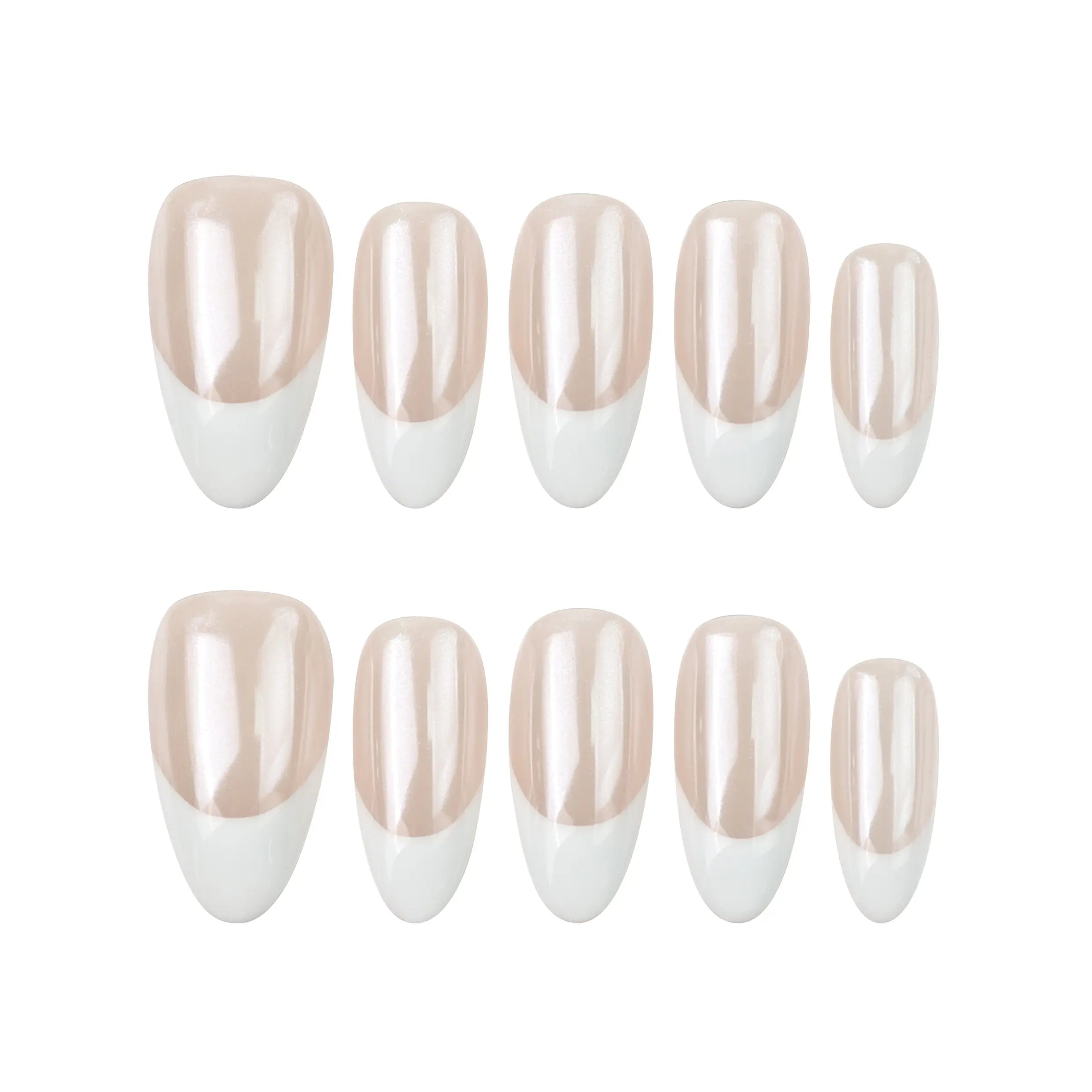 Flat-lay of Naillover Pearly Shine press on nails — pearlescent white handmade nails in almond shape, from Singapore collection.