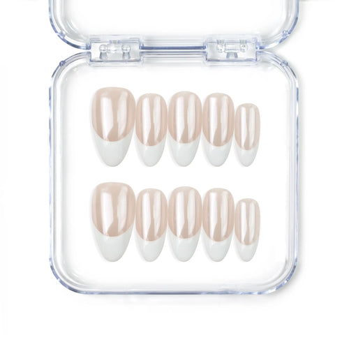 Naillover handmade press on nails in pearly white with almond shape — Pearly Shine from the Singapore press on nails collection.