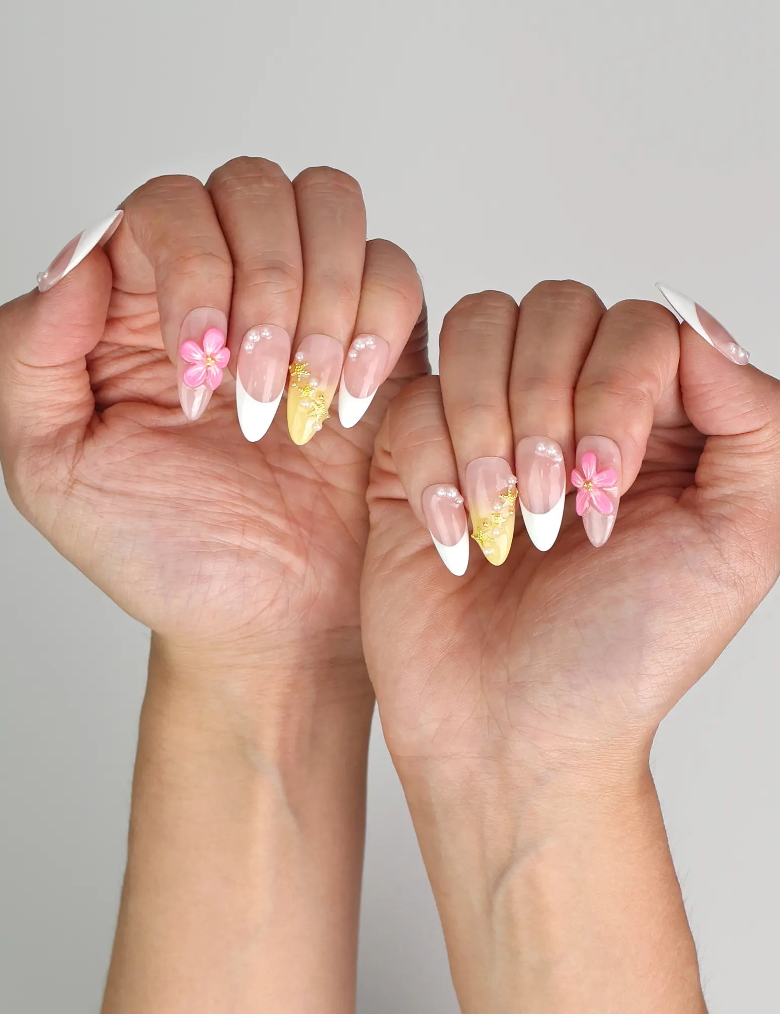 Naillover Petal Dream press on nails styled with summer outfit, highlighting 3D floral artistry.