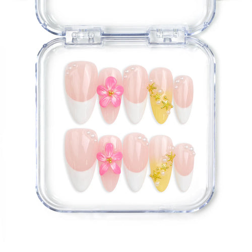 Naillover Petal Dream handmade press on nails Singapore in gradient pink with 3D floral and golden accents, perfect for summer style.