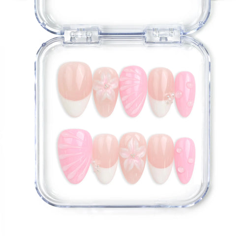 Naillover Petal Grace handmade press on nails Singapore, featuring pink gradient with white tips and delicate floral motifs.