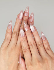 Model wearing Naillover Pink Brown Star Diamond Butterfly Dream Singapore press on nails with holographic glitter and pearl accents