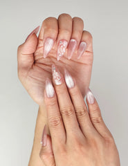 Close-up of Naillover handmade Pink Brown Star Diamond Butterfly Dream nails showing rose-gold shimmer and delicate floral details