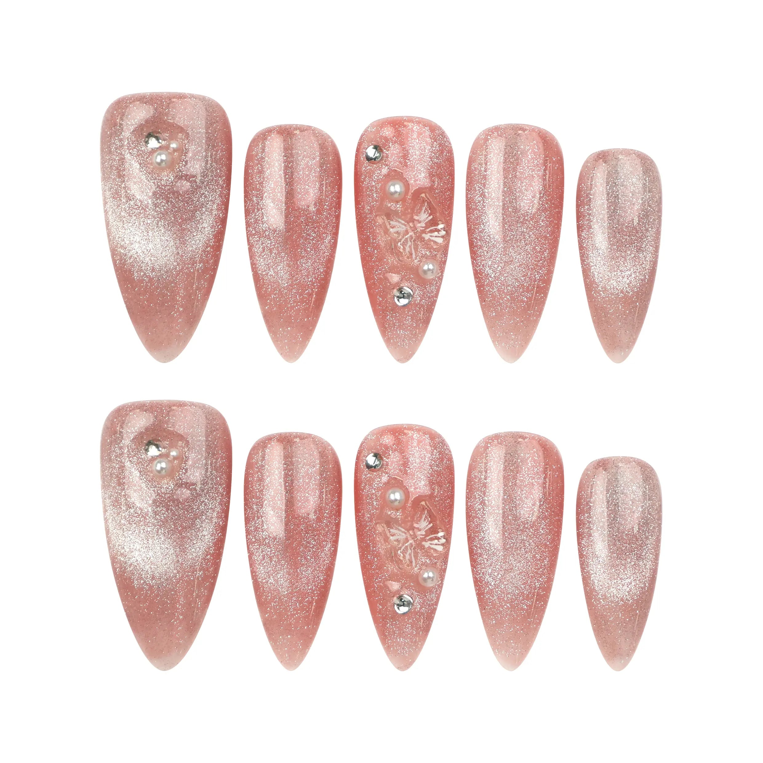 Naillover Pink Brown Star Diamond Butterfly Dream handmade press on nails displayed on white background with rose-gold glitter, pearls, and floral accents