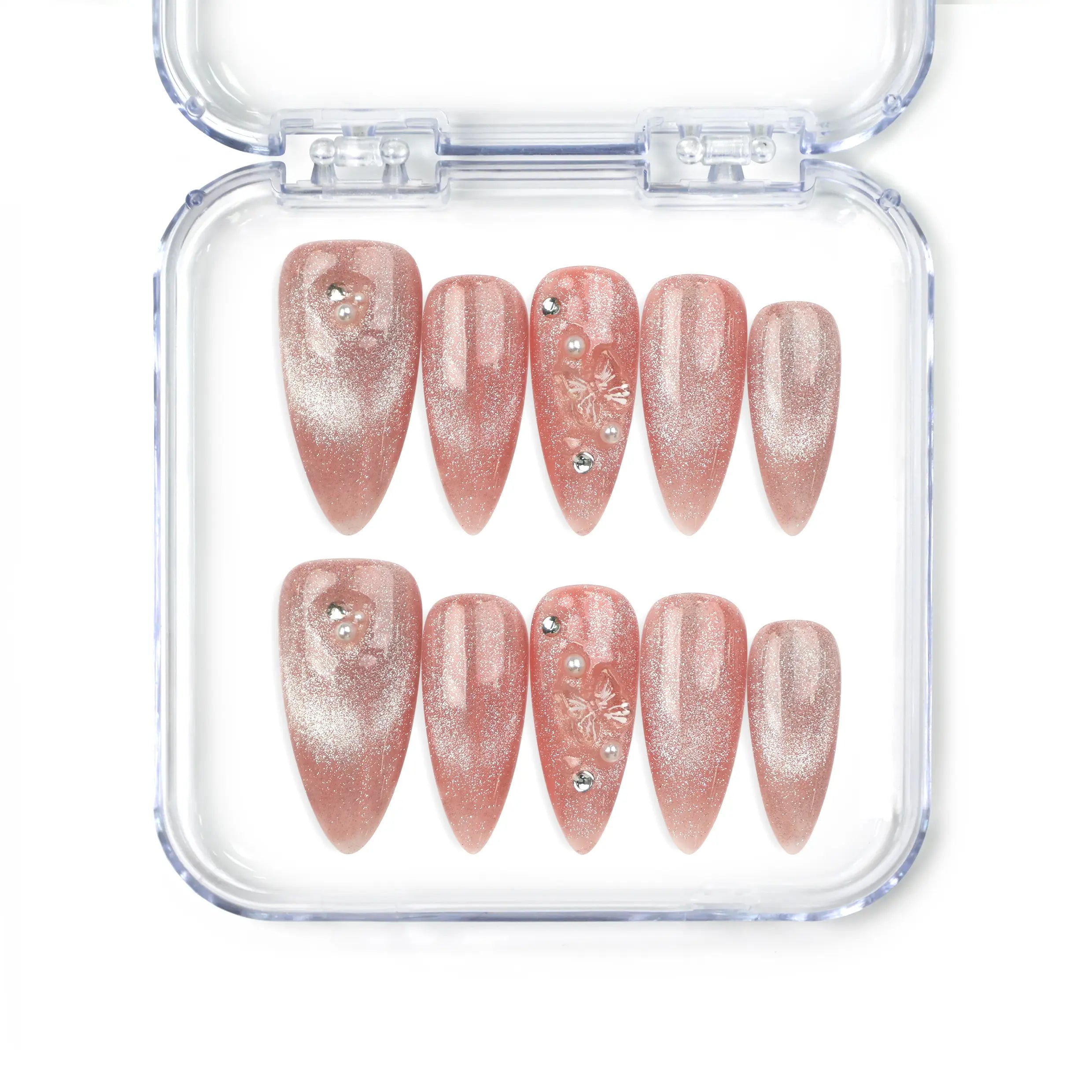 Naillover Pink Brown Star Diamond Butterfly Dream Singapore press on nails with rose-gold holographic glitter, pearls, and floral accents
