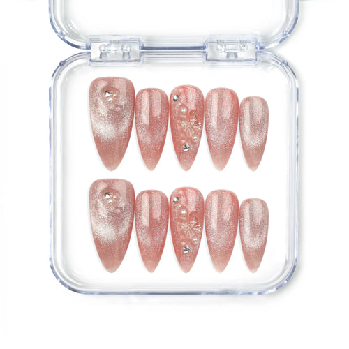 Naillover Pink Brown Star Diamond Butterfly Dream Singapore press on nails with rose-gold holographic glitter, pearls, and floral accents