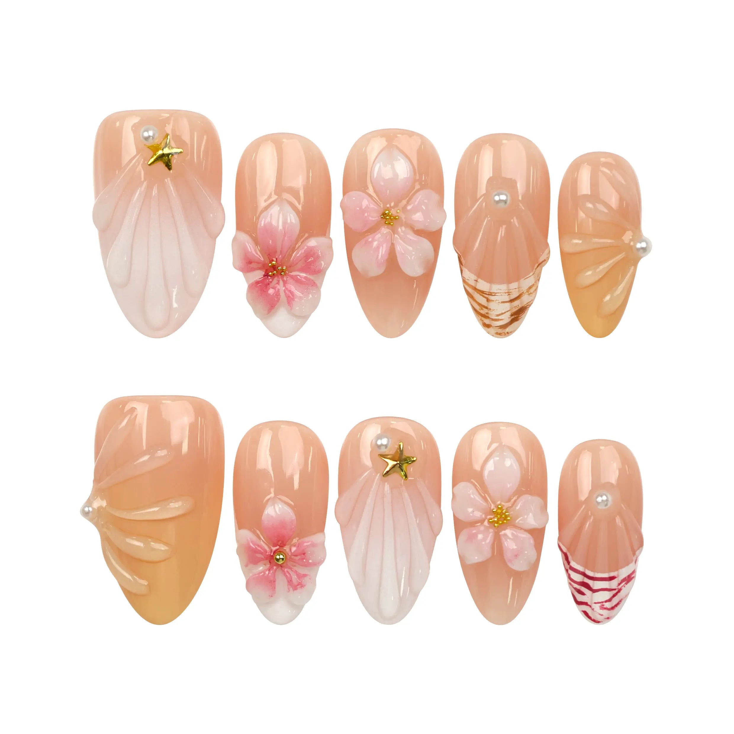 Naillover Pink Ocean 3D Floral handmade press on nails flat lay on white background, showing 3D flowers, pearls, and gold stripes.