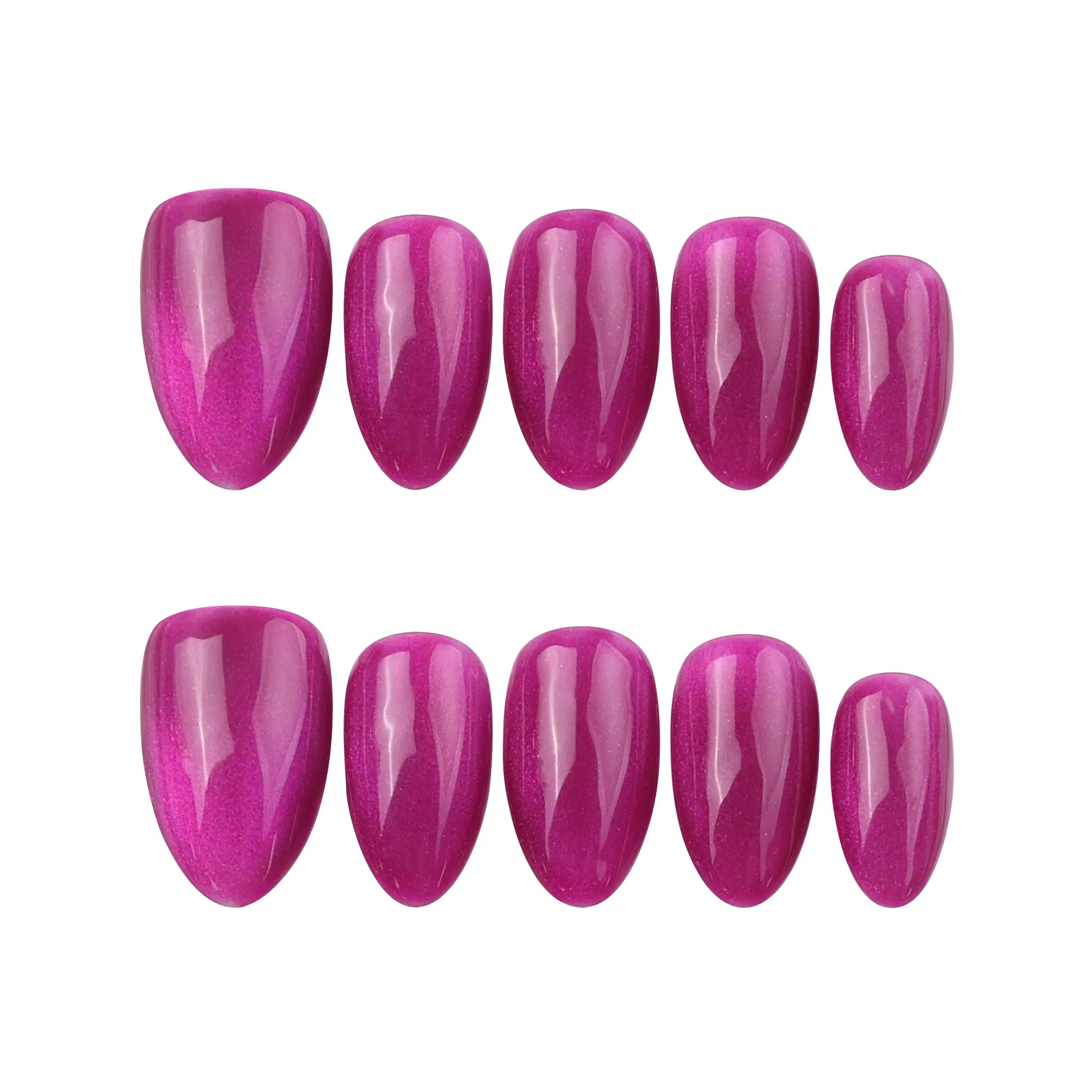 Naillover Purple Pulse handmade press on nails in purple cat eye finish, short shape on white background.
