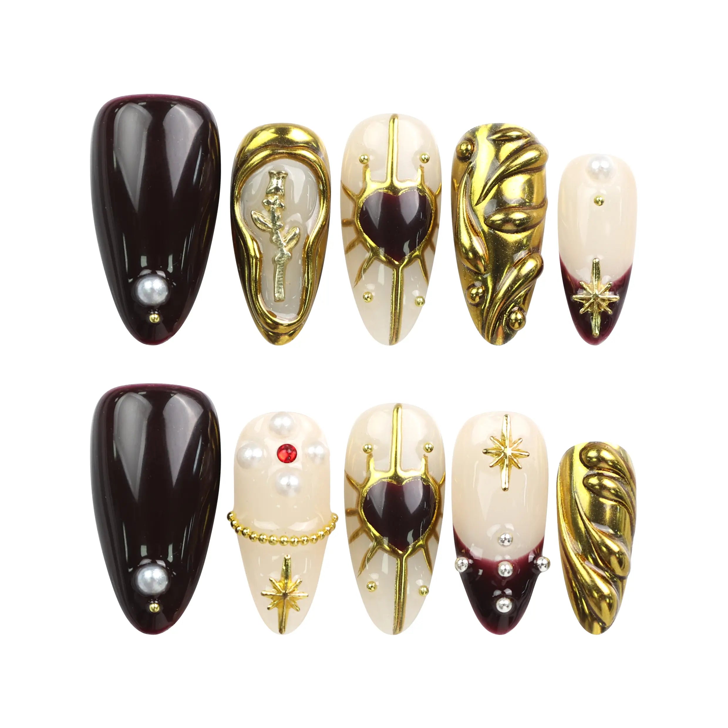 Regal Radiance handmade Singapore press on nails by Naillover, with burgundy base, gold accents, and pearls, displayed on white background