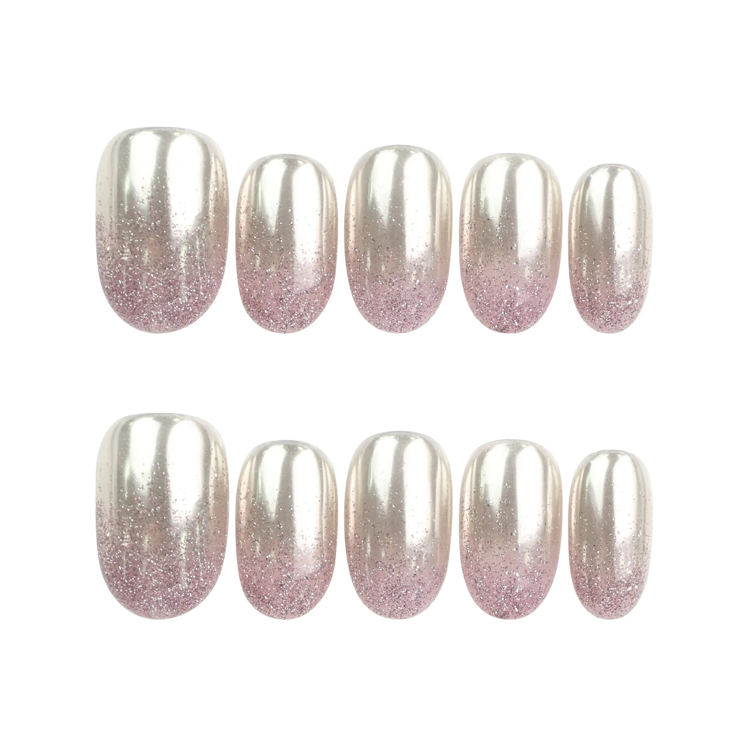 Rose Haze handmade Singapore press on nails in pink gradient shimmer displayed on white background