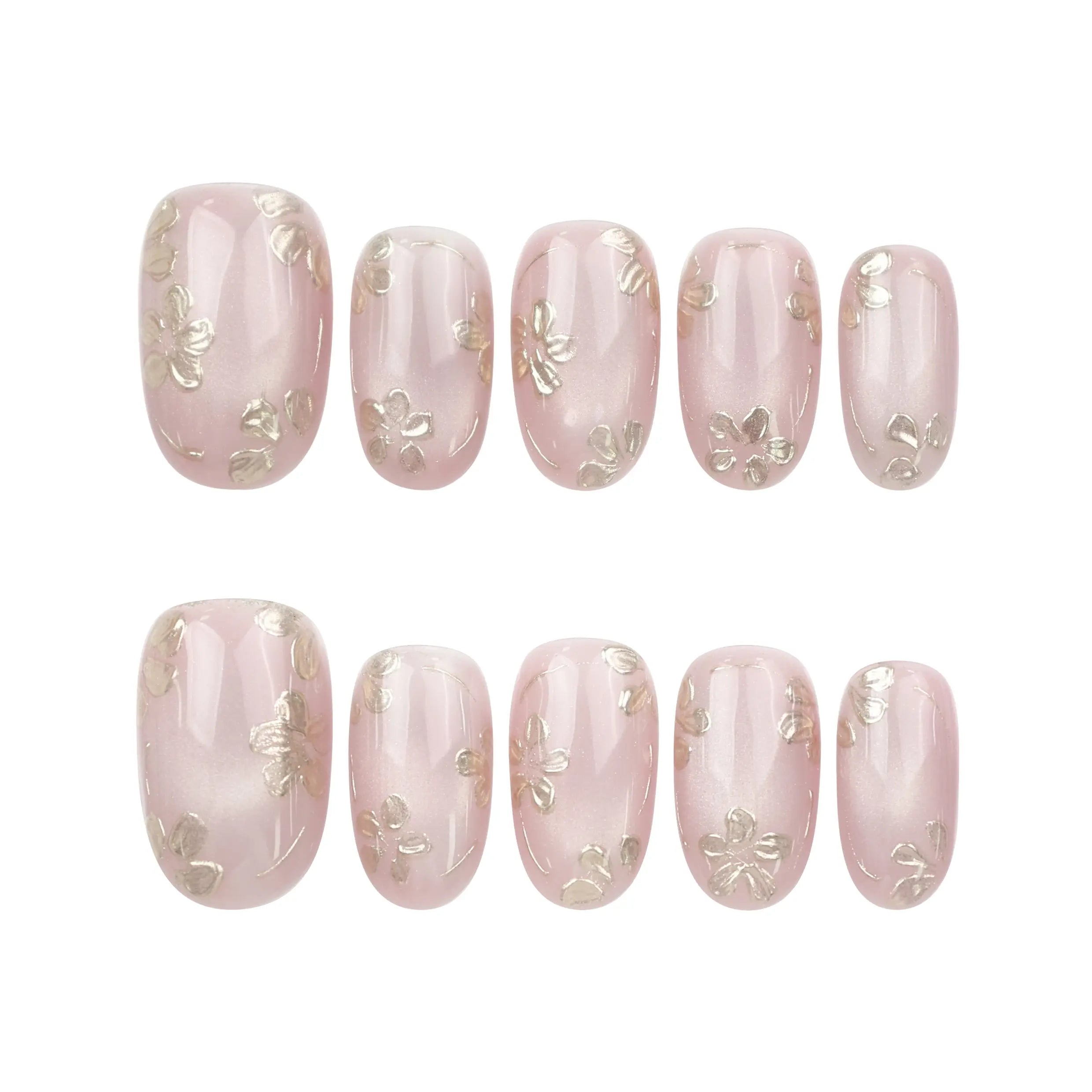 Naillover Rosy Engravings handmade Singapore press on nails in pink with gold floral details on a clean white background.