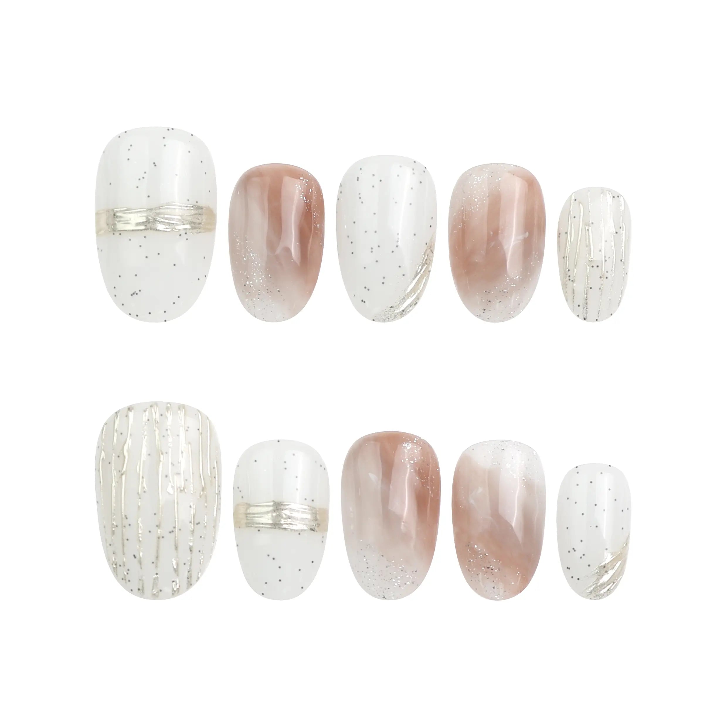 Flat lay of Sandy Shine handmade press on nail set on white background, highlighting creamy-peach tones, gold accents, and artisanal speckle details.