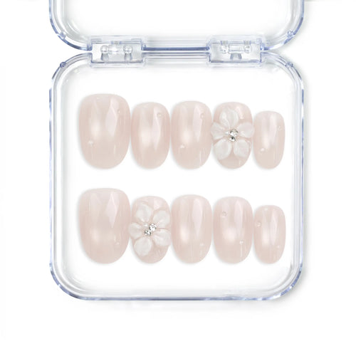 Naillover Scarlet Gleam handmade Singapore press on nails in pastel pink with 3D flowers and rhinestones.
