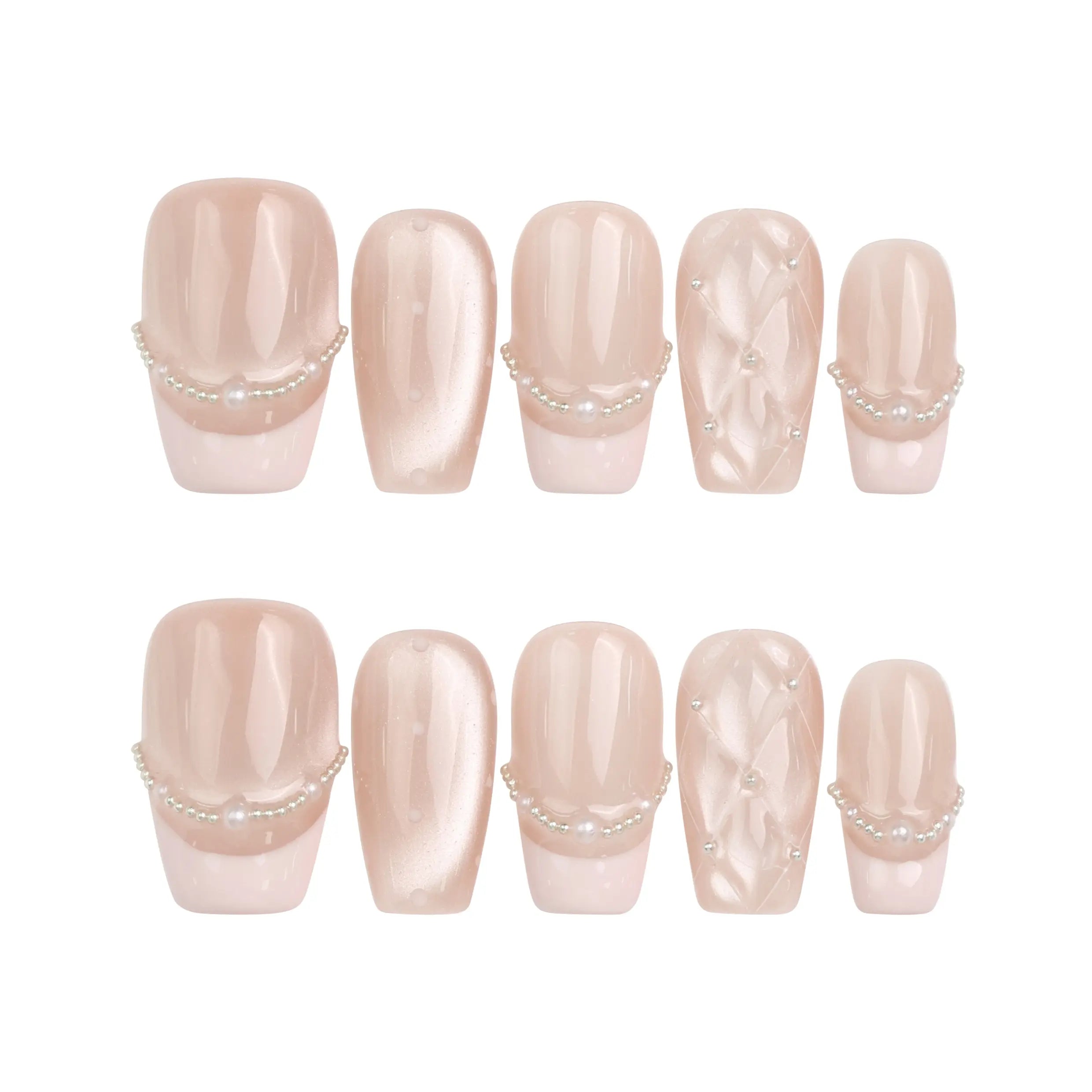 Naillover Serene Loops handmade Singapore press on nails displayed on white background, highlighting pearl and dot details.