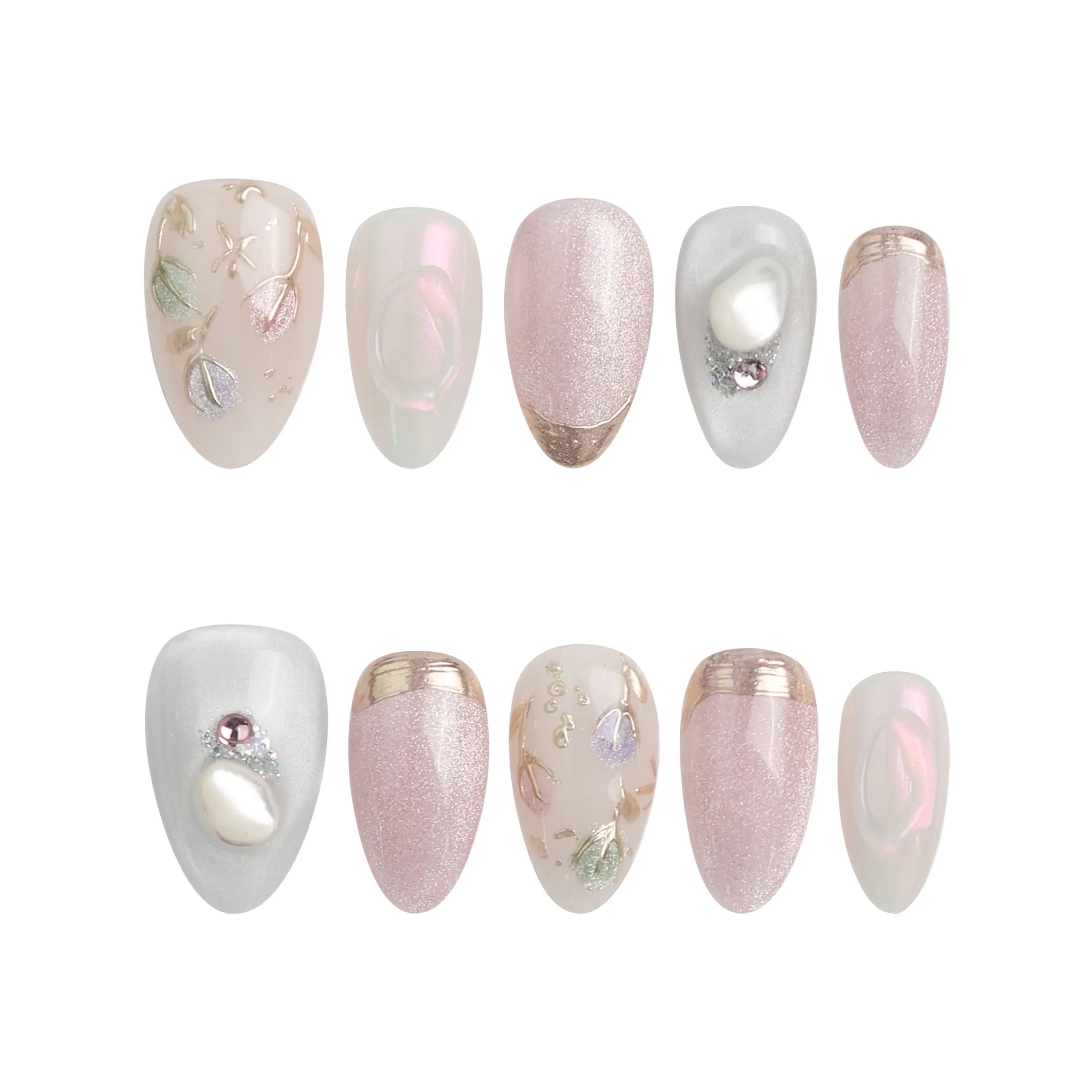 Naillover Shimmer Floral press on nails on a white background, showing pink gradient and shimmer flower art.