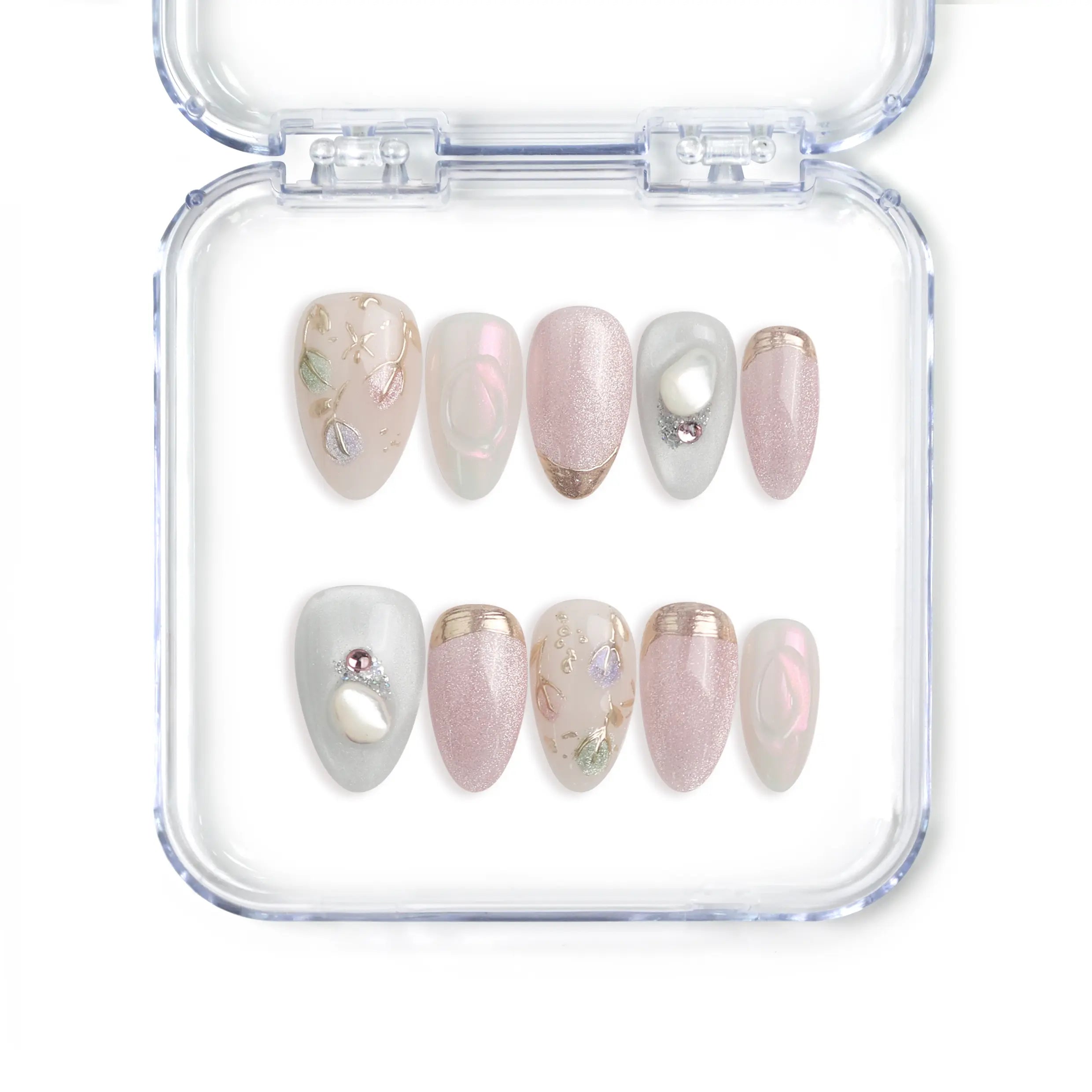 Pink floral shimmer press on nails from Naillover, handmade in Singapore with elegant sparkle details.