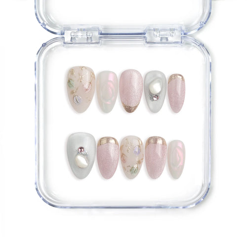 Pink floral shimmer press on nails from Naillover, handmade in Singapore with elegant sparkle details.