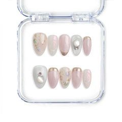 Pink floral shimmer press on nails from Naillover, handmade in Singapore with elegant sparkle details.