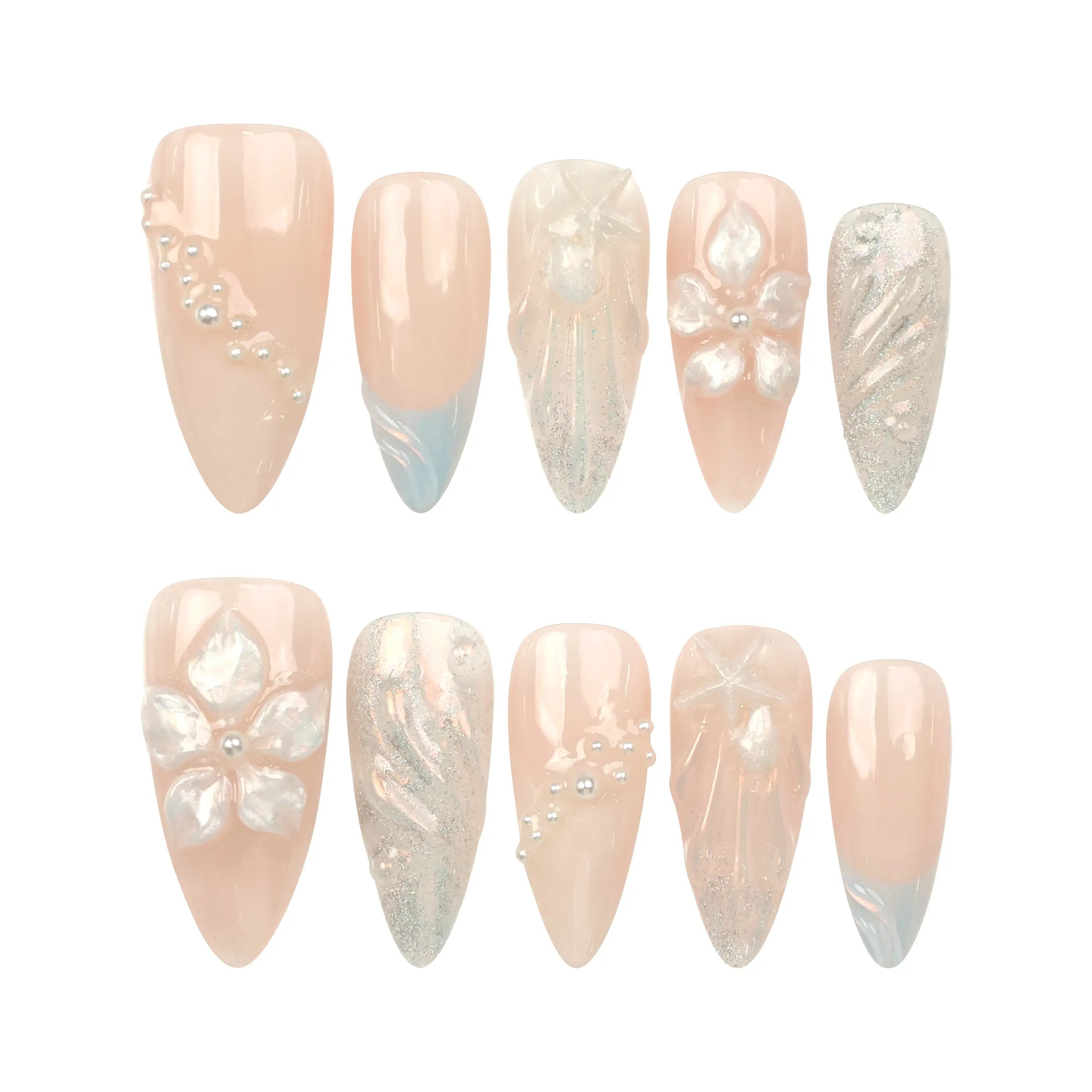 Naillover Shimmering Pearl And Floral Elegance handmade press on nails flat lay on white background, showcasing shell textures, floral art, and pearls.