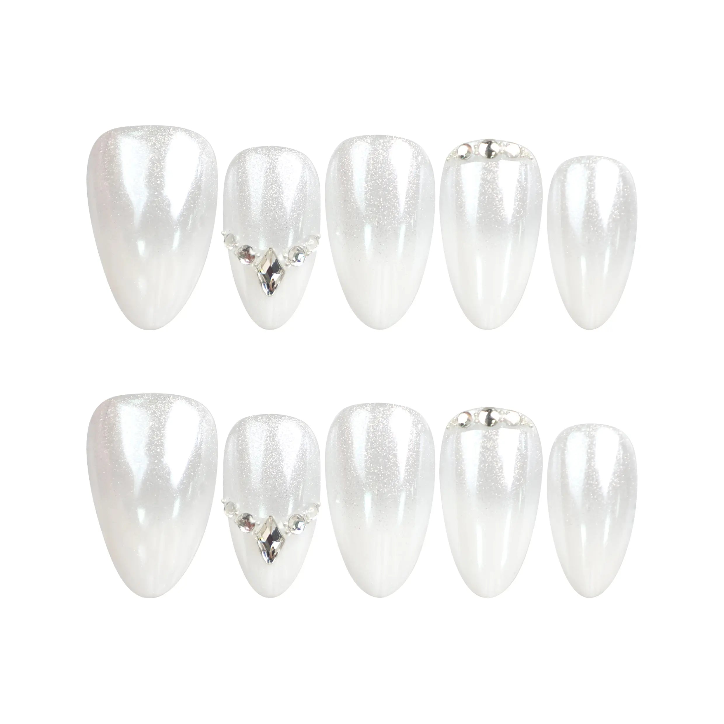 Naillover Silver Gleam press on nails displayed on white background, featuring pristine base with sparkling rhinestones.