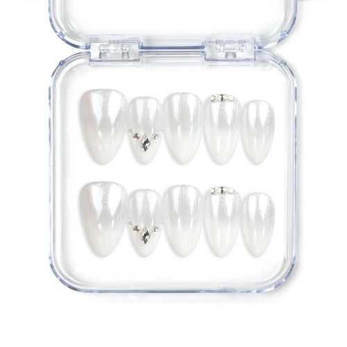 Naillover Silver Gleam handmade press on nails Singapore with white base and rhinestone accents, designed for elegant classic nail styles.