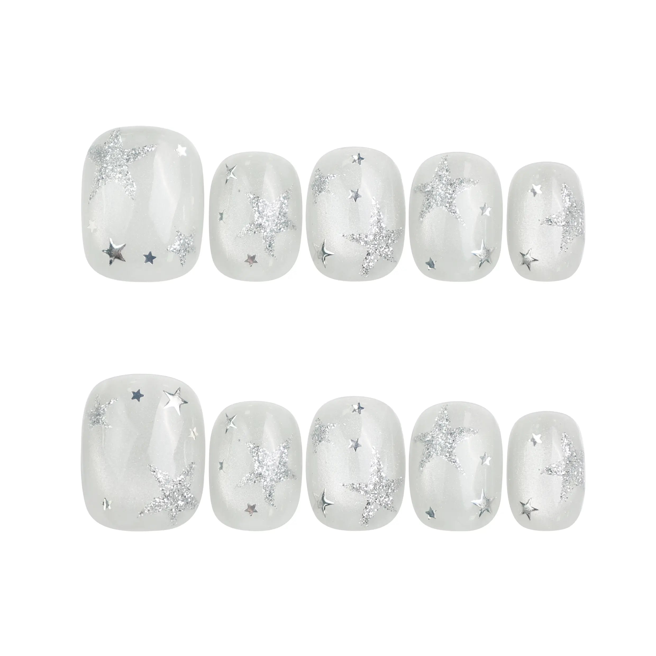 Naillover Silver Skies Singapore press on nails displayed on white background, highlighting silver star designs.