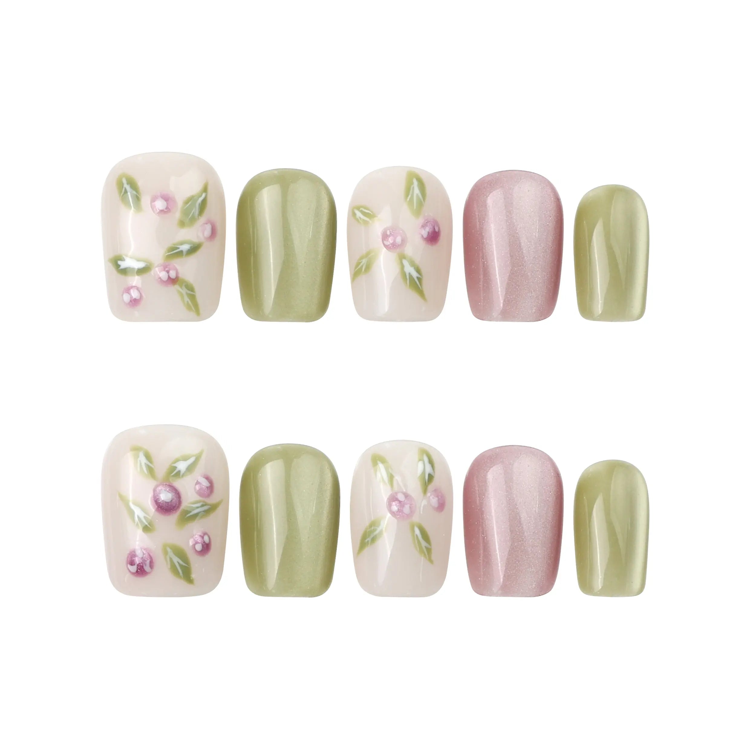 Flat-lay of Naillover Spring Buds handmade press on nails, featuring soft pastel tones and miniature hand-painted flowers.