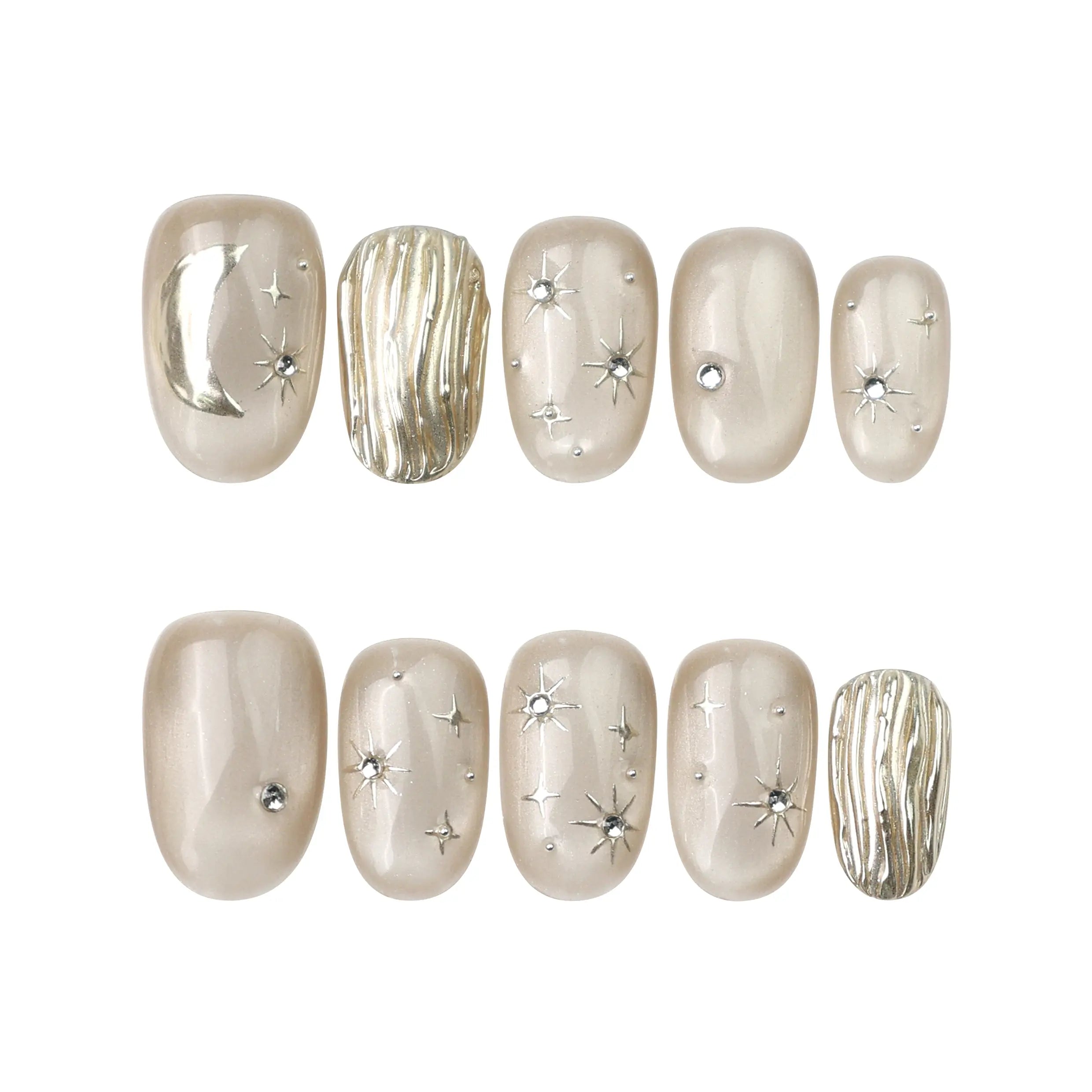 Naillover handmade Starlet Shine press on nails on white background—champagne nude base with flowing gold lines.