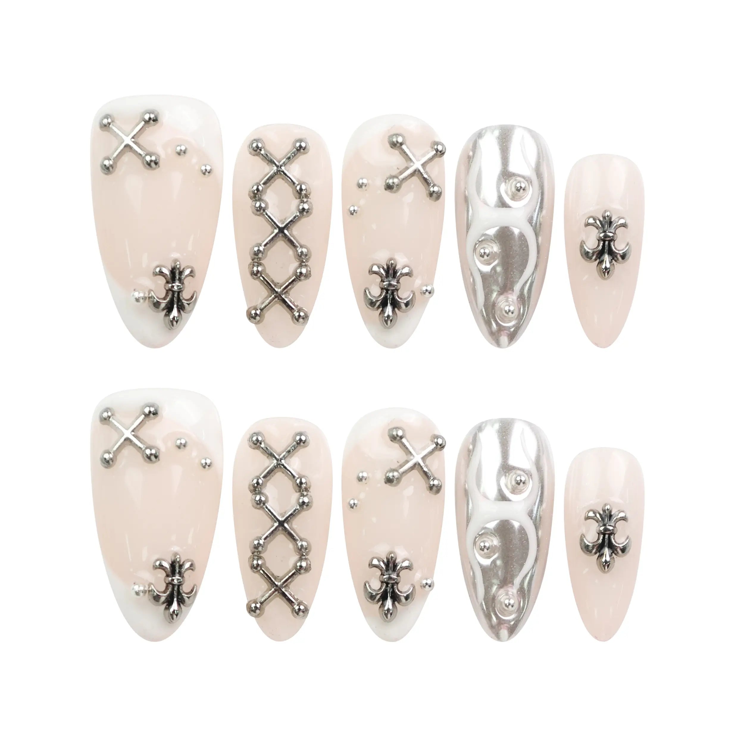 Subtle Knots handmade Singapore press on nails by Naillover, beige base with metallic details, displayed on white background