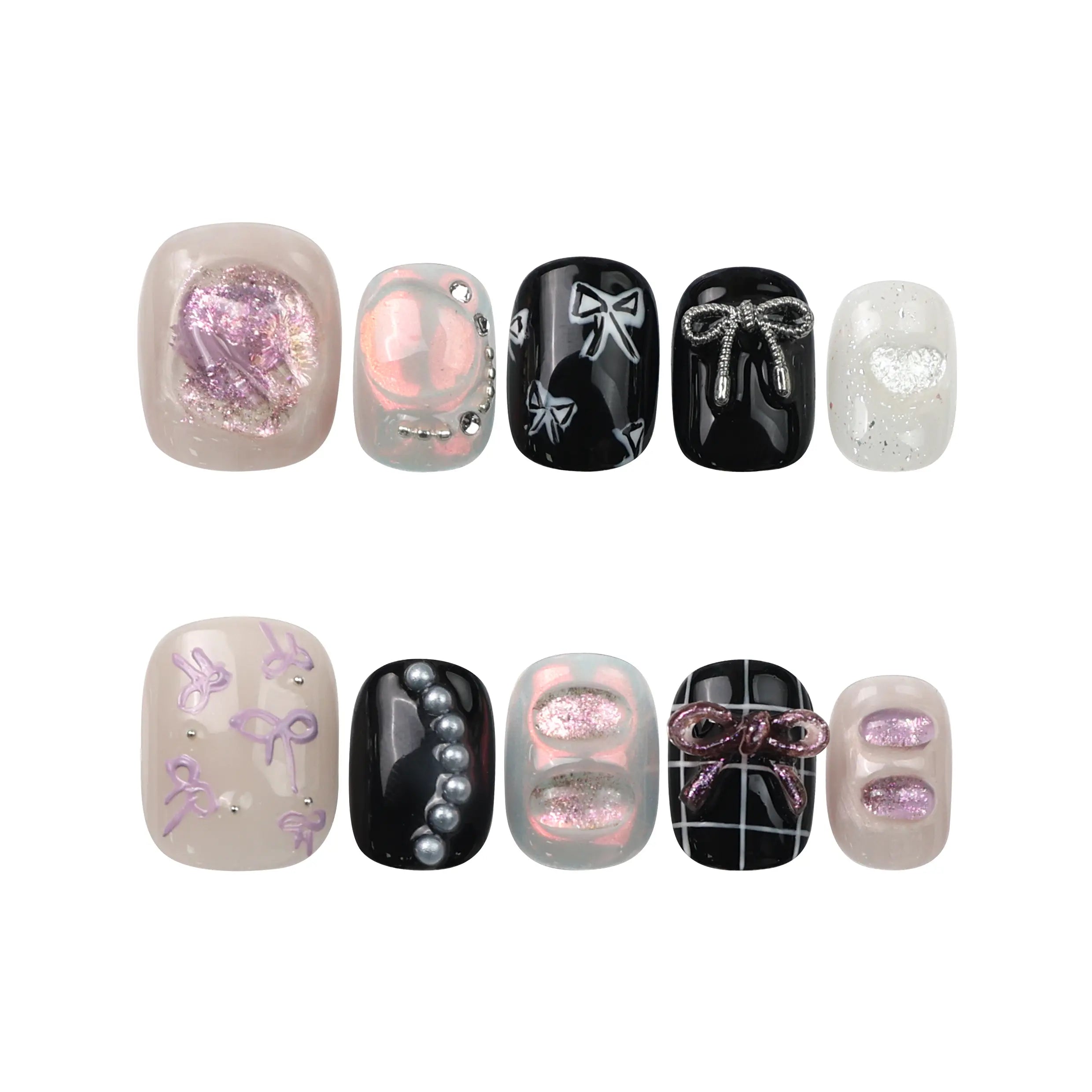 Flat lay of Naillover Sweet Goth press on nails—short square shape in black, white, and silver for a unique handmade style from Singapore.