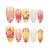 Naillover Sweet Pink Yellow 3D Floral Droplet handmade press on nails displayed on white background with pink-yellow gradient and blossoms