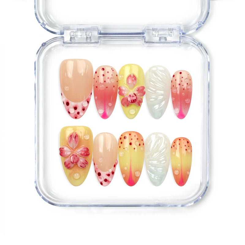 Naillover Sweet Pink Yellow 3D Floral Droplet Singapore press on nails with pink and yellow hues, floral blossoms, and dotted accents