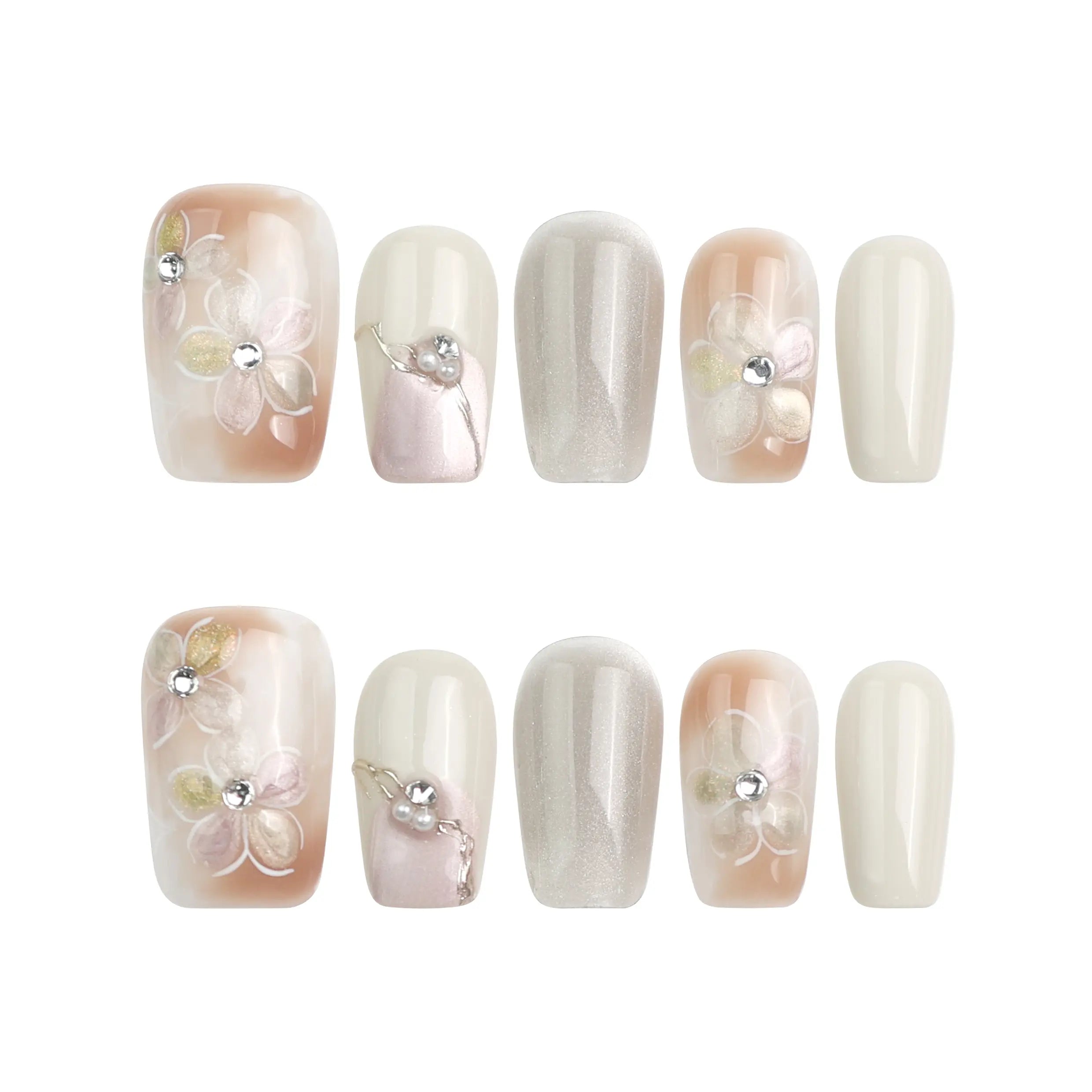 Flat lay of Twilight press on nail set on a white background, showcasing pastel colors, 3D floral patterns, and handcrafted texture.