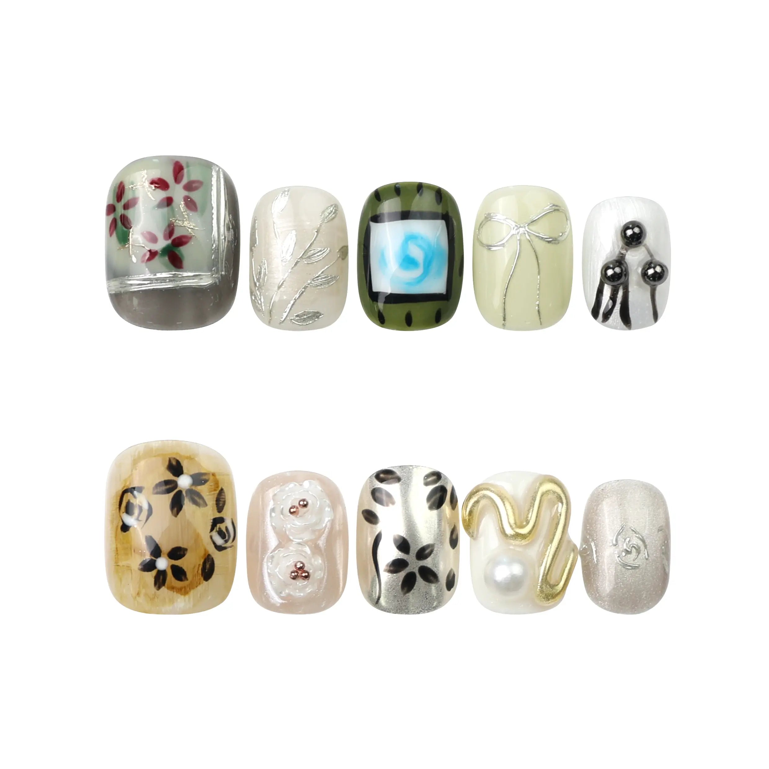 Flat-lay of Naillover Vintage Bloom 3D handmade press on nails with sculpted petals and neutral color palette.