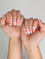 Naillover Whisper of Wisteria press on nails styled with a romantic outfit, highlighting 3D handmade artistry.