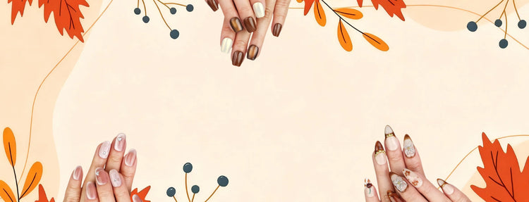 Naillover Autumn banner desktop view featuring handmade press on nails in warm seasonal tones, showcasing fall nail designs with elegant salon style.