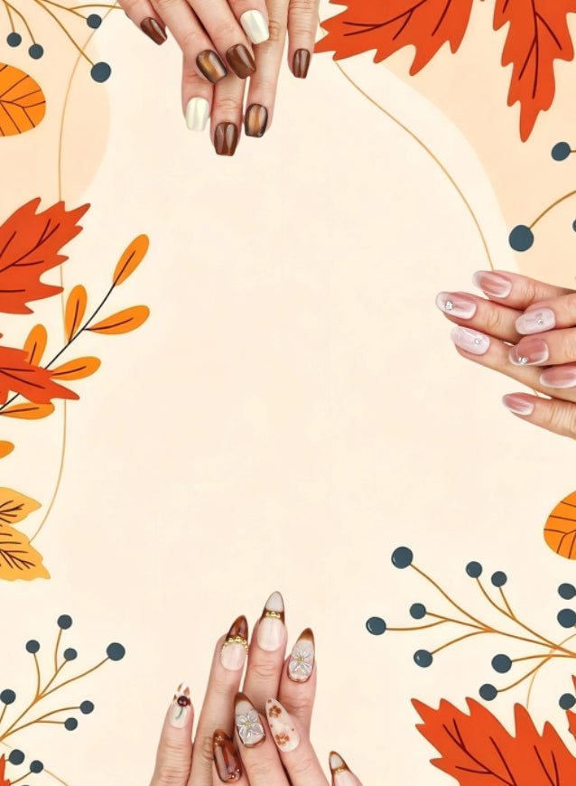 Naillover Autumn banner mobile view highlighting press on nails with cozy autumn colors, perfect for fall nail trends and handmade nail art lovers.