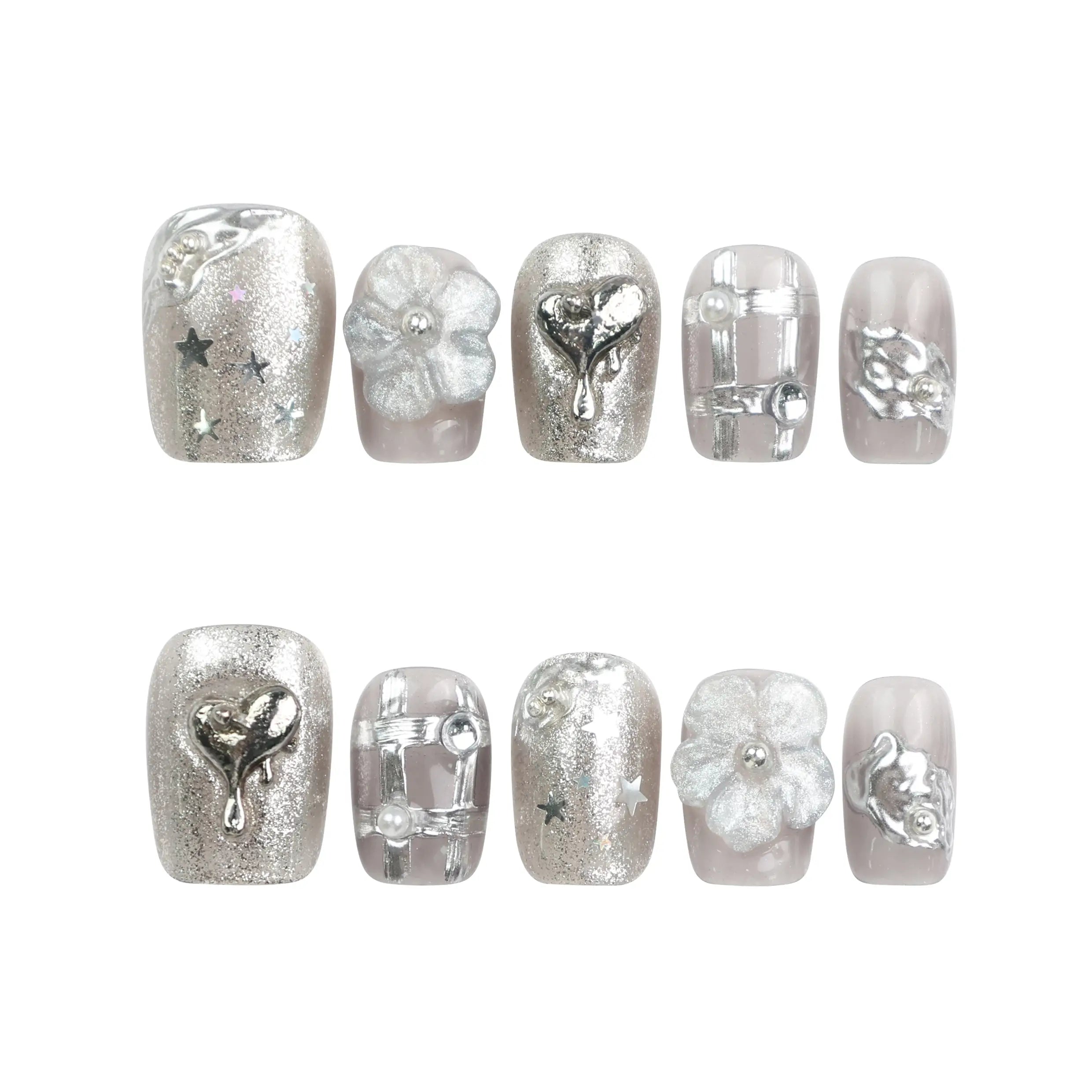 Nightfall handmade metallic silver press on nails with rhinestones, white background product shot by naillover.