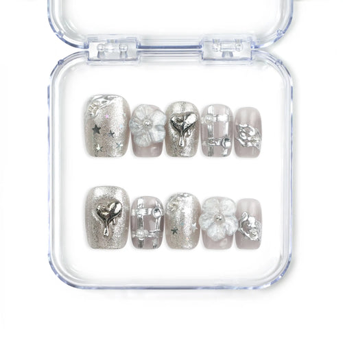 Nightfall handmade Singapore press on nails in metallic silver with rhinestones, elegant and trendy design by naillover.