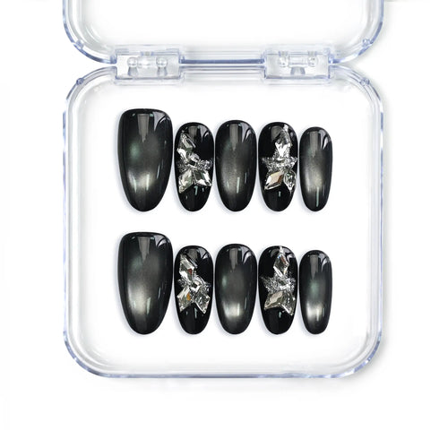 Naillover Singapore handmade press on nails in black oval shape with silver gradient and crystal butterfly accents
