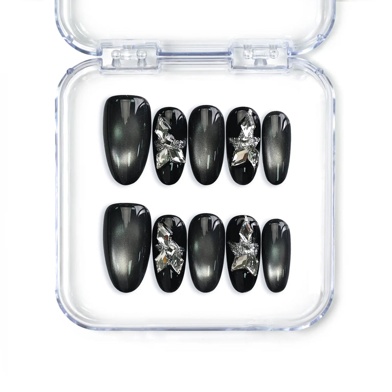 Naillover Singapore handmade press on nails in black oval shape with silver gradient and crystal butterfly accents