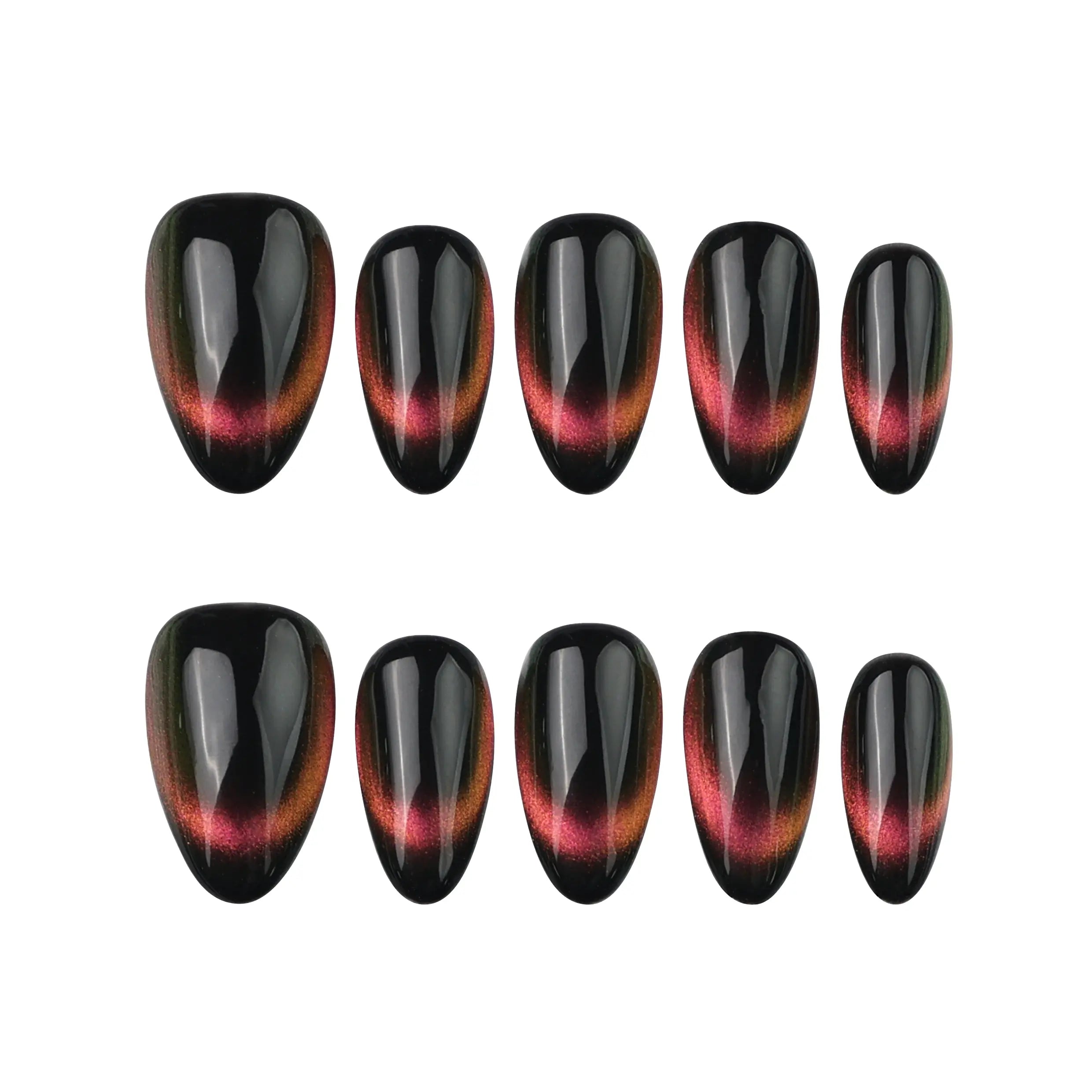 Noir Fade Tips black cat eye press-on nails with French fade displayed on white background, handmade by naillover.