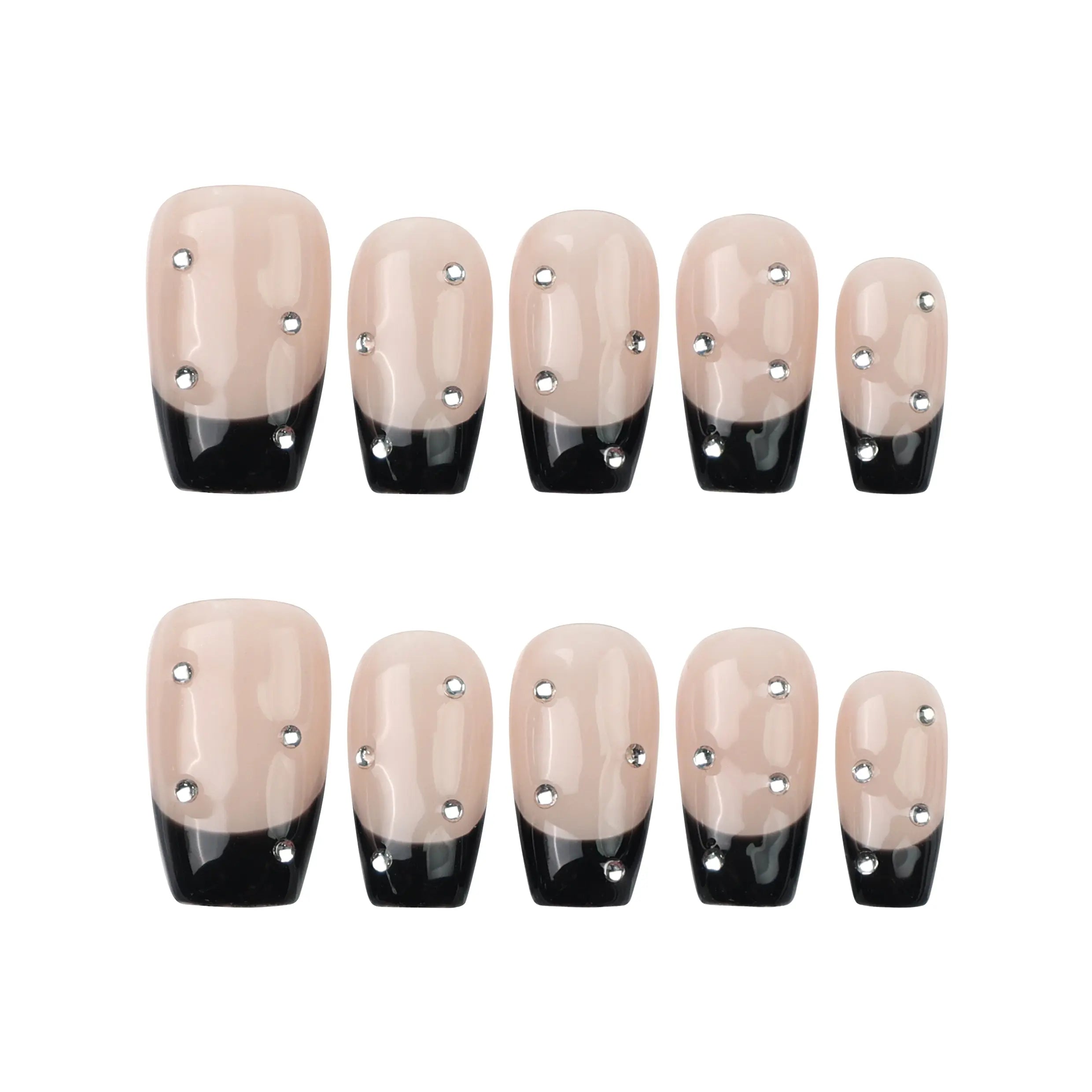 Flat lay of Nude Edge black French tip handmade press on nails from Naillover on white background, full set display.