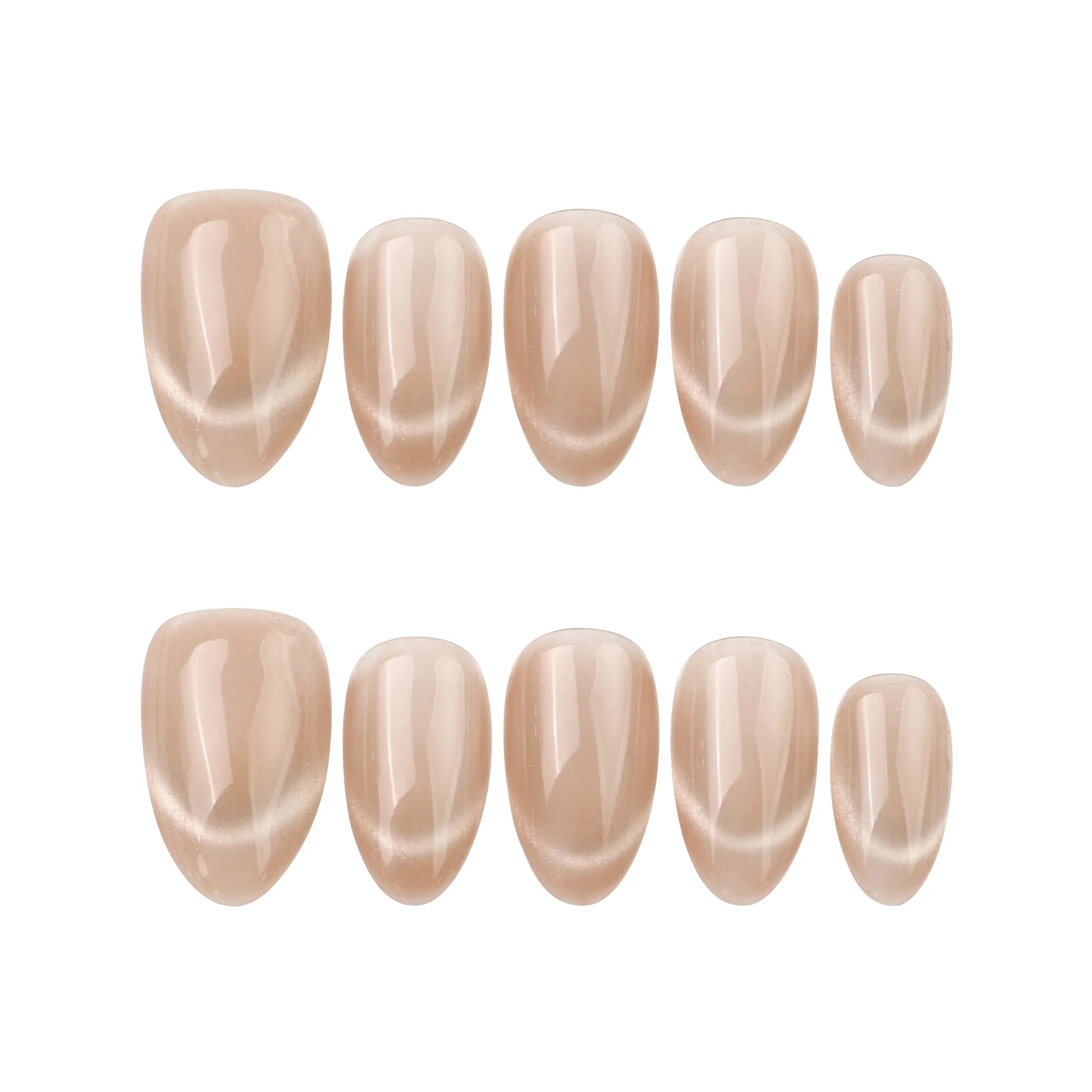 Flat lay of Nude Fade Tips handmade short press on nails by Naillover, beige cat eye shimmer on white background.