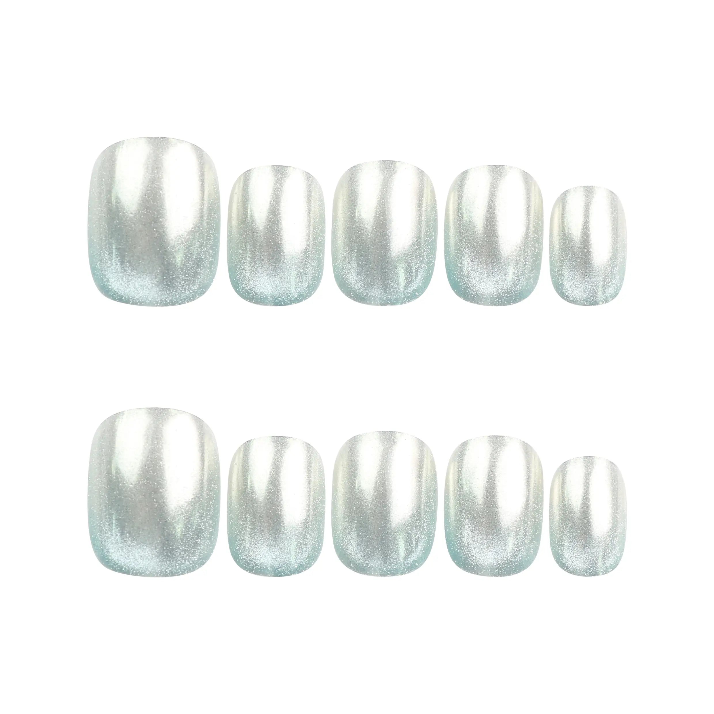 Ocean Breeze Singapore press on nails by naillover, cool blue shimmer design displayed on white background.