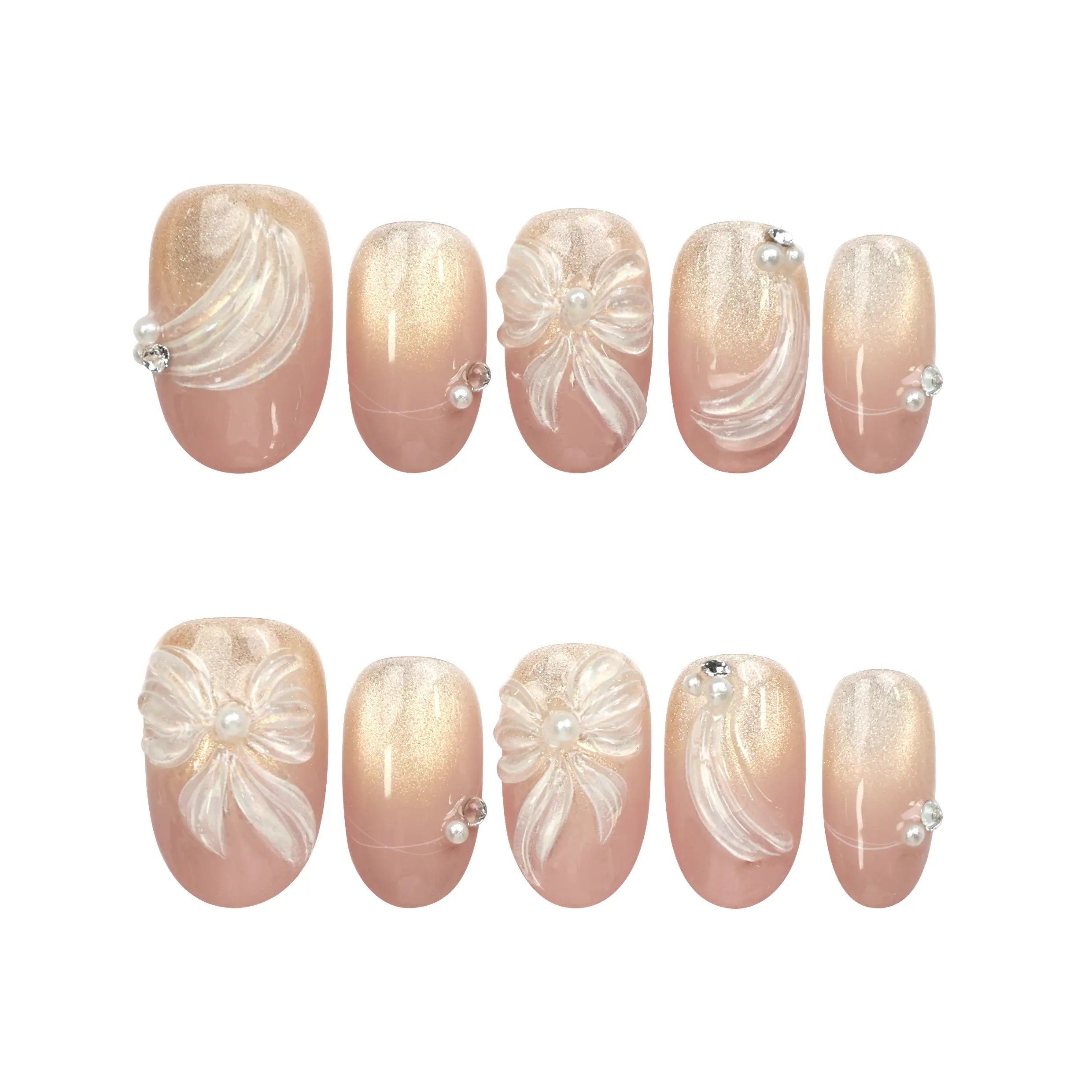 Flat lay of Naillover Pearl Bloom Bronze Singapore press on nails set, featuring handmade bronze floral nails with rhinestone embellishment.