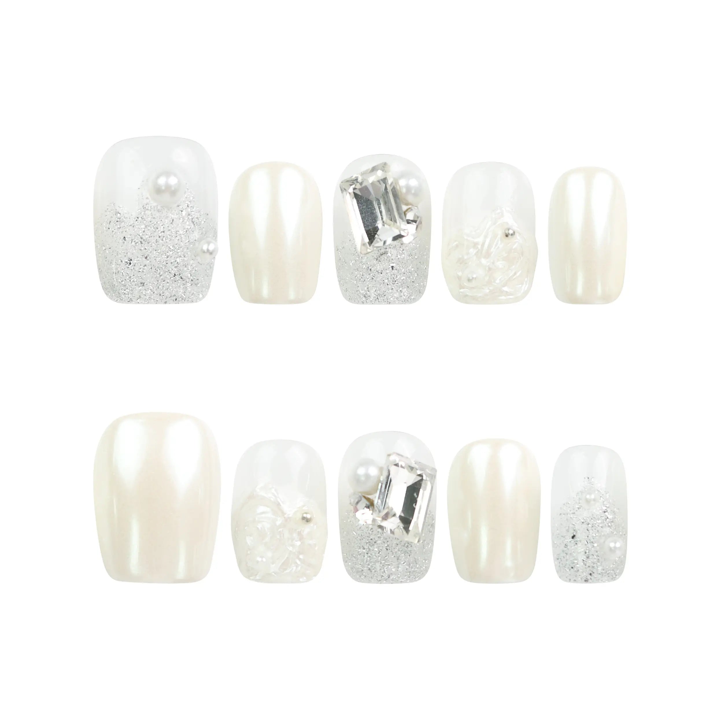 Pearl Sparkle pearly white handmade press-on nails with pearls and silver gemstones on white background, Singapore press on nails by naillover
